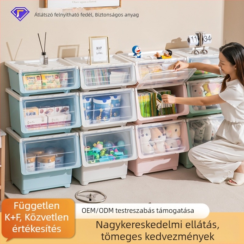 Átlátszó műanyag tároló doboz oldalnyitású, extránagy méretű, babák és gyerekek játékaihoz és ruháihoz