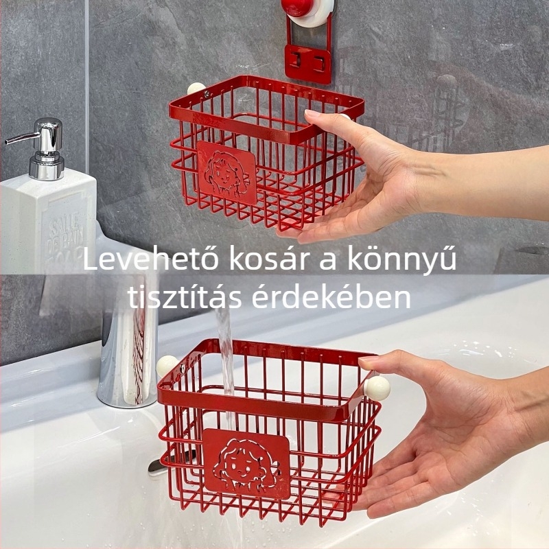 Fürdőszobai függőkosár szívófejes rögzítéssel és lecsöpögtetővel, tároló dobozzal