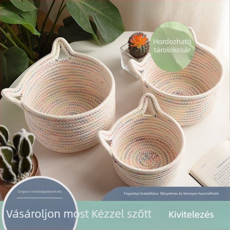 Macskafül alakú pamutkötél tárolókosár, kör alakú, asztali szervező a nappaliba