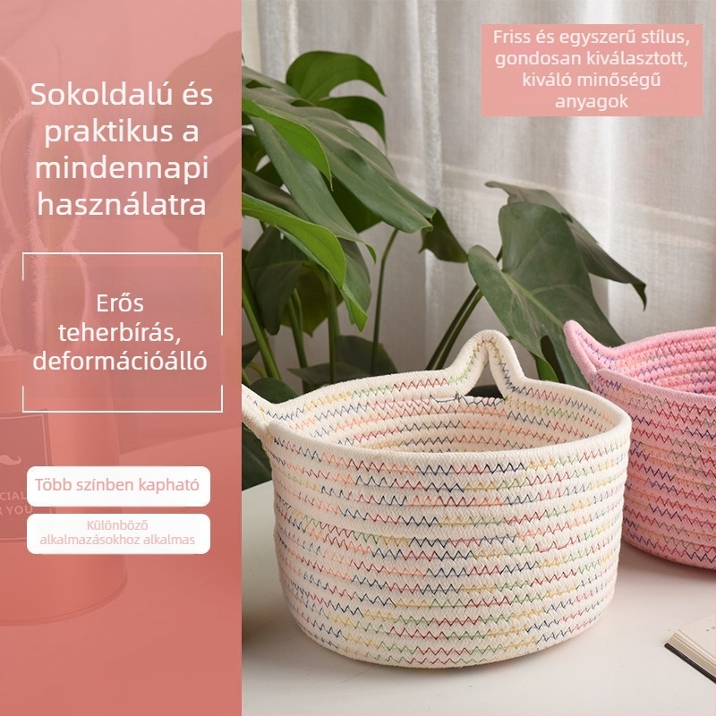 Macskafül alakú pamutkötél tárolókosár, kör alakú, asztali szervező a nappaliba