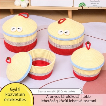 Asztali szövött tárolókosár fedővel, aranyos rajzfilmszerű dizájn, kozmetikumok és apró dolgok rendezésére, bejárathoz és kollégiumi előtérbe, nassolnivalók kosara