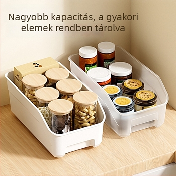 Nagy kapacitású műanyag konyhai tárolókosár, téglalap alakú, ferde nyílású, asztali rendszerező