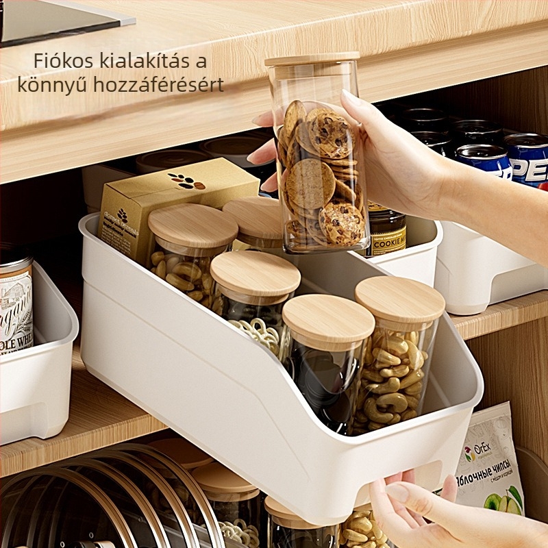 Nagy kapacitású műanyag konyhai tárolókosár, téglalap alakú, ferde nyílású, asztali rendszerező