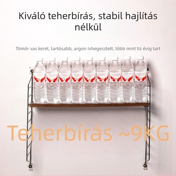 Fali tároló polc acélból és fából, 3 szinttel, fúrás nélkül, nappali, dolgozószoba és fürdőszoba számára