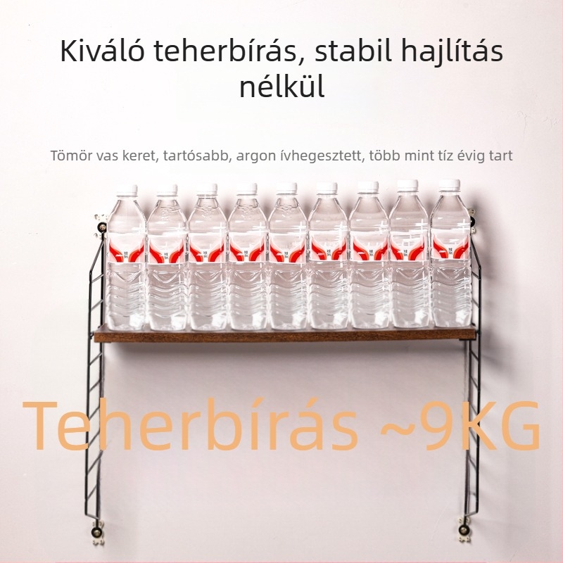 Fali tároló polc acélból és fából, 3 szinttel, fúrás nélkül, nappali, dolgozószoba és fürdőszoba számára