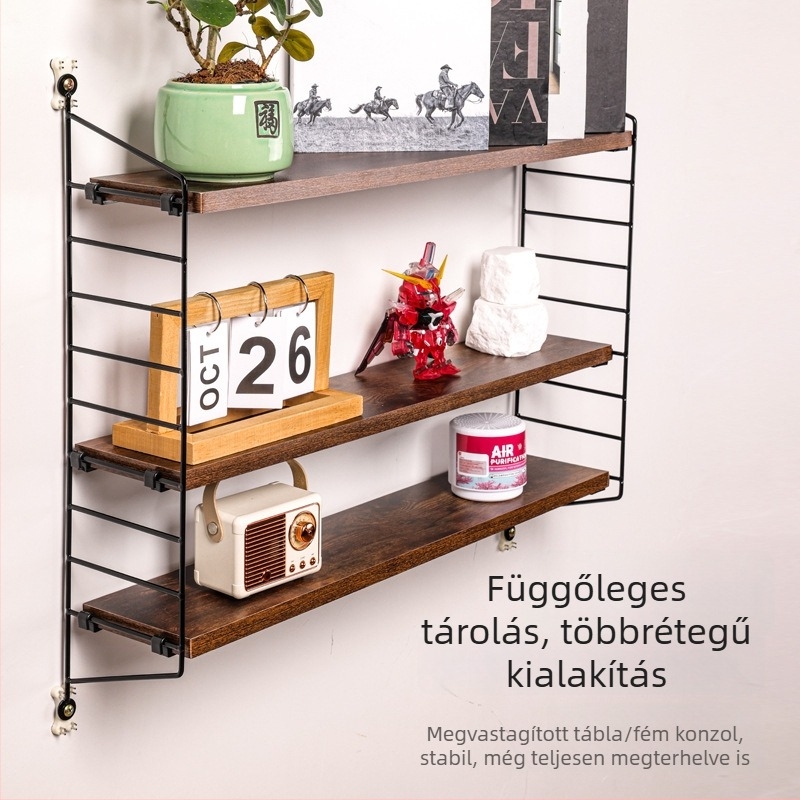 Fali tároló polc acélból és fából, 3 szinttel, fúrás nélkül, nappali, dolgozószoba és fürdőszoba számára