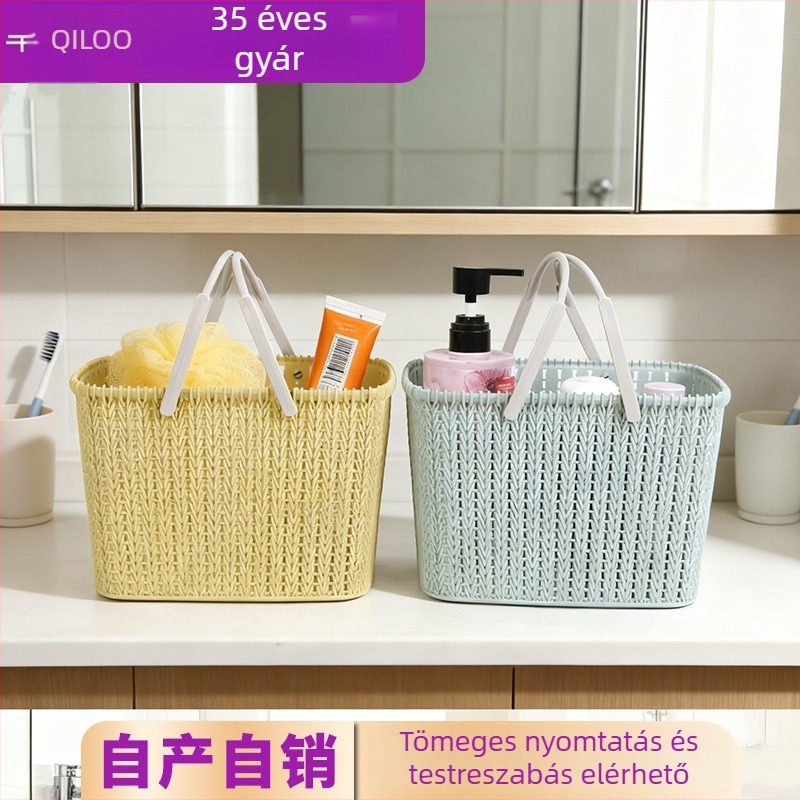 Fürdőkosár műanyagból, rattan-immitációval – tároló kozmetikumokhoz