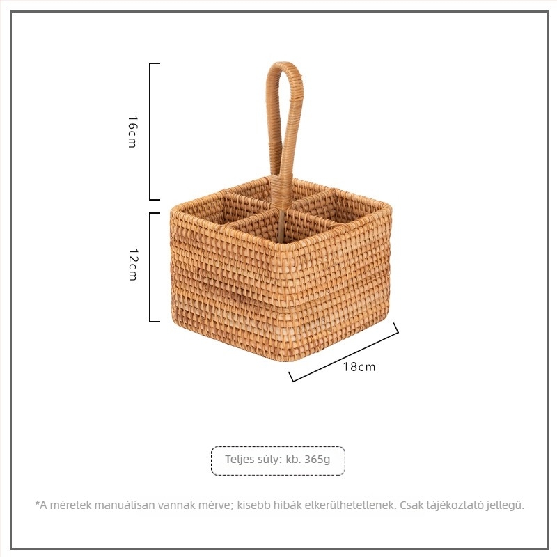 Kerek raffia tárolókosár négy rekeszes kivitelben, távirányítóhoz, borospohárhoz, írószerekhez és kozmetikumokhoz vagy ékszerekhez.