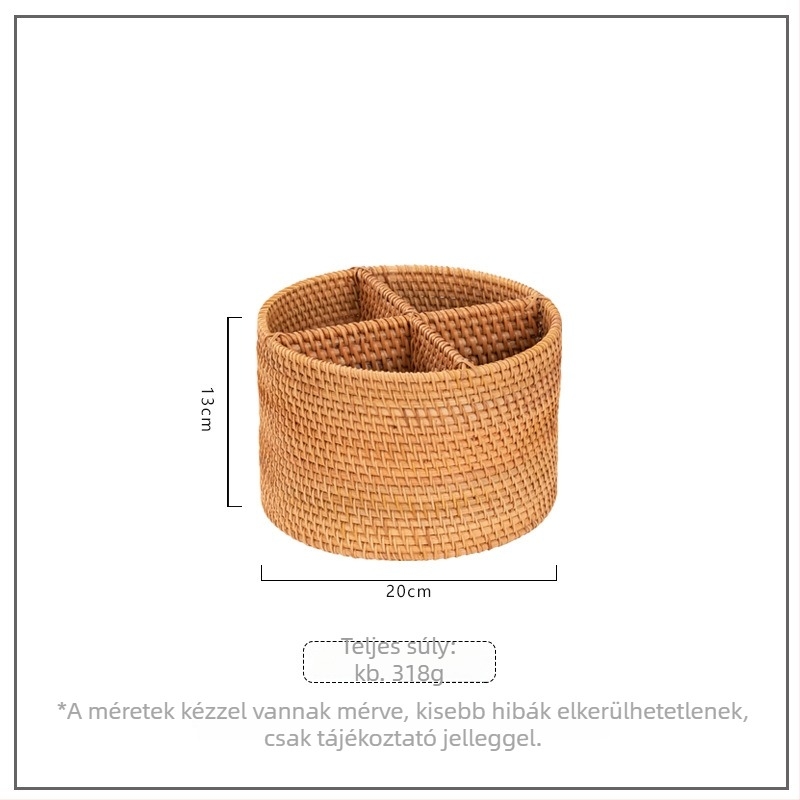Kerek raffia tárolókosár négy rekeszes kivitelben, távirányítóhoz, borospohárhoz, írószerekhez és kozmetikumokhoz vagy ékszerekhez.
