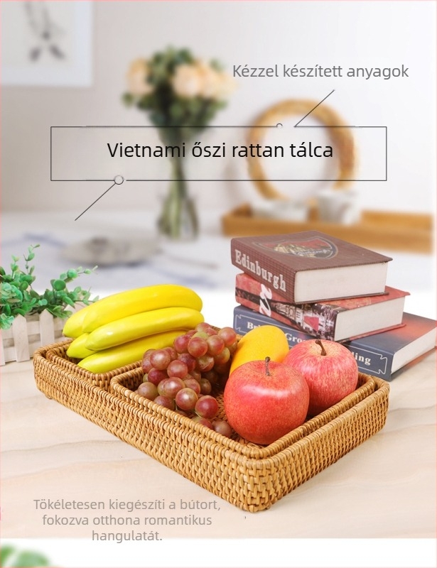 Kék fonott rattan tároló kosár gyümölcsöknek, nassolnivalóknak és kenyérnek – nappali asztali rendező.