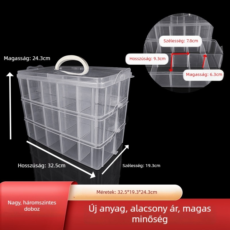 Nagy méretű, háromrétegű, levehető, átlátszó műanyag tároló doboz fogantyúval, 30 rekesszel, ékszerek, LEGO és szerszámok számára.