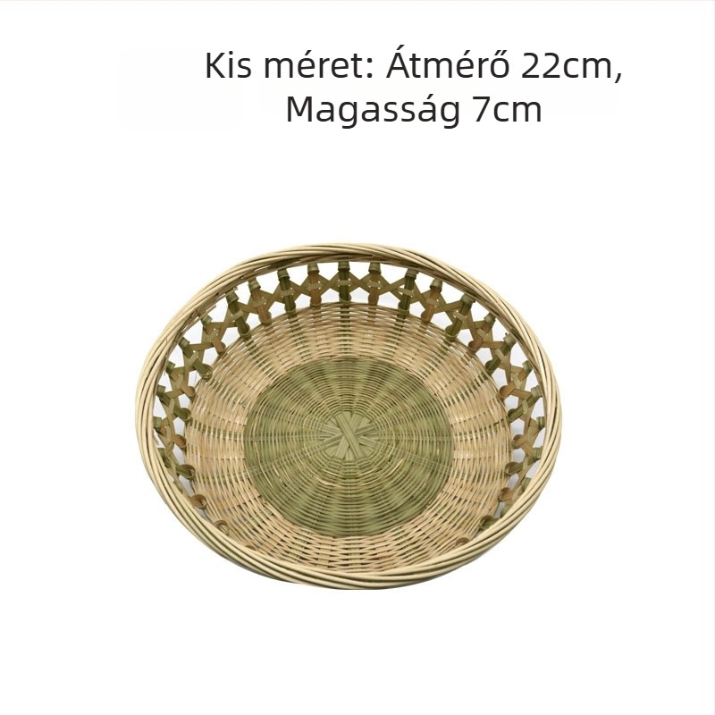 Kézzel készített bambusz szövött kosár, kerek alakú, gyümölcsöknek, nassolnivalóknak és kenyérnek