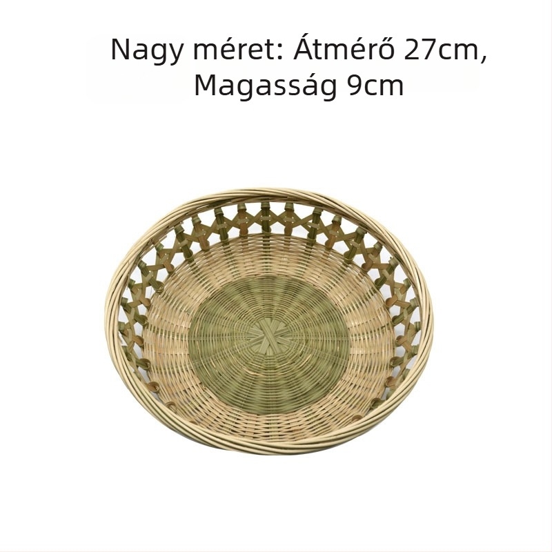 Kézzel készített bambusz szövött kosár, kerek alakú, gyümölcsöknek, nassolnivalóknak és kenyérnek