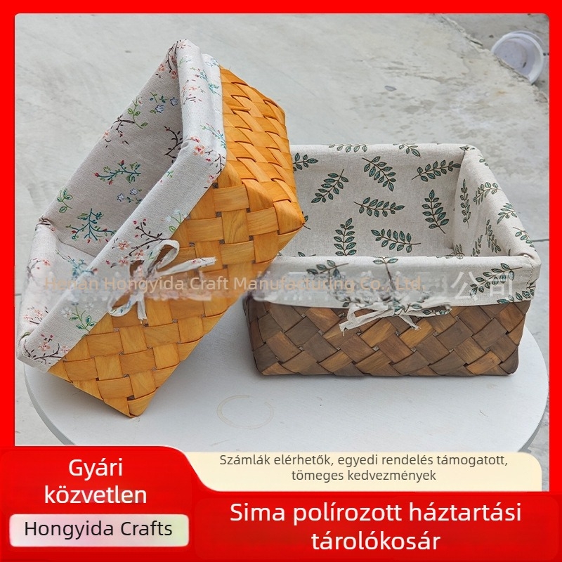 Kézzel készített, faaprítékból szőtt téglalap alakú tárolókosár, asztali rendező vászonzsebbel, különböző méretek