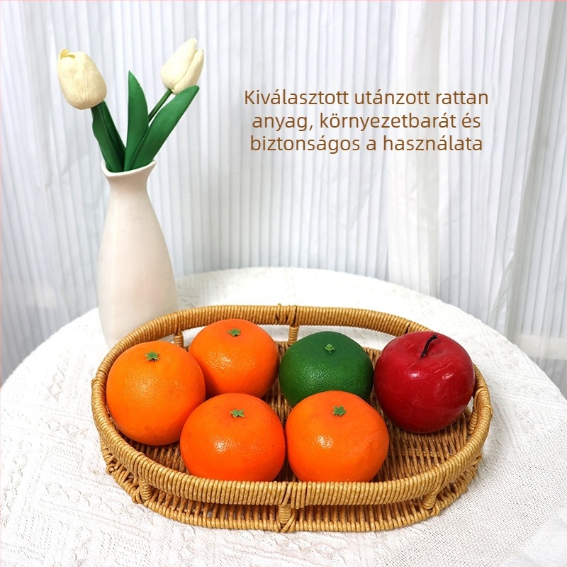 Rátán fonott gyümölcskosár, ovális forma, nordic stílus, gyümölcs- és nassolnivaló tároló a konyhában