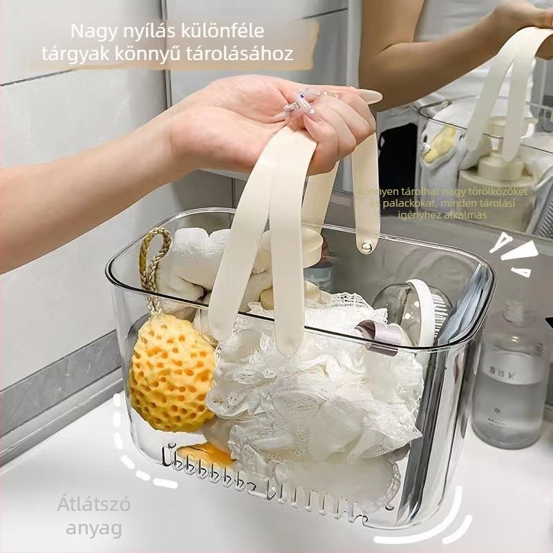 Átlátszó, kézben tartható fürdőszobai tárolókosár lefolyónyílásokkal