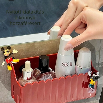 Műanyag fürdőszobai tároló, kozmetikai tárolókosár, falra szerelhető, fúrás nélkül