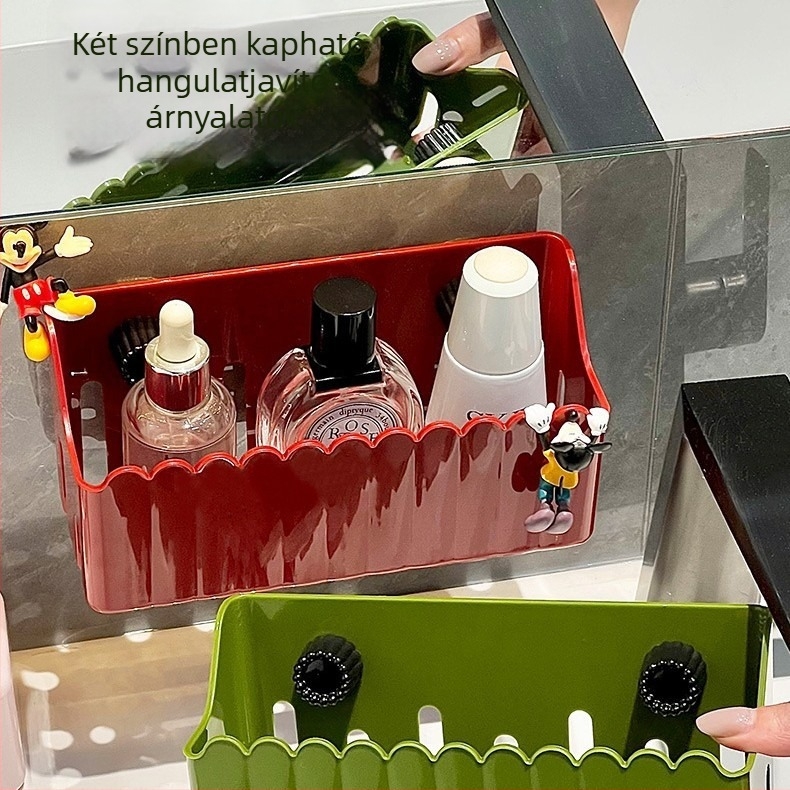 Műanyag fürdőszobai tároló, kozmetikai tárolókosár, falra szerelhető, fúrás nélkül