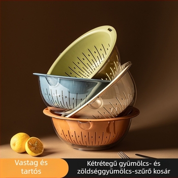 Kétszintes zöldségmosó tál szűrőkosárral, műanyag, konyhai használatra