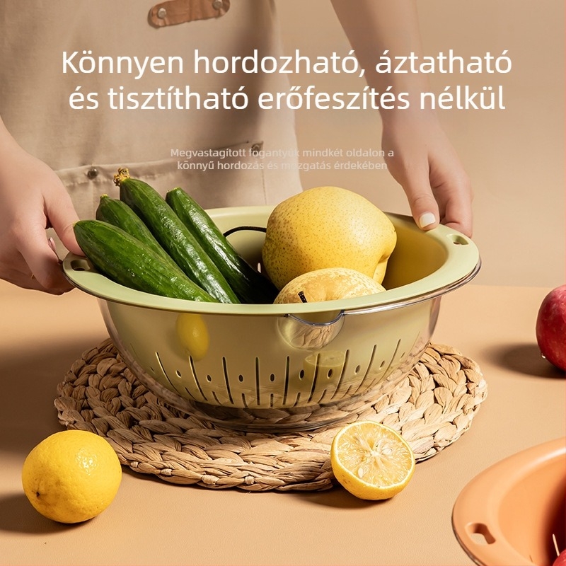 Kétszintes zöldségmosó tál szűrőkosárral, műanyag, konyhai használatra
