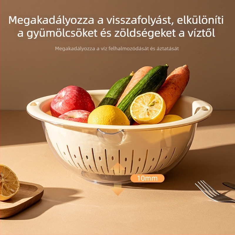 Kétszintes zöldségmosó tál szűrőkosárral, műanyag, konyhai használatra