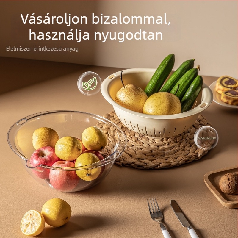 Kétszintes zöldségmosó tál szűrőkosárral, műanyag, konyhai használatra