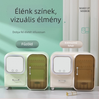 Új stílusú kozmetikai tároló asztalhoz ventilátorral — rúzs, bőrápolás és ékszerek tárolására, porálló tükör