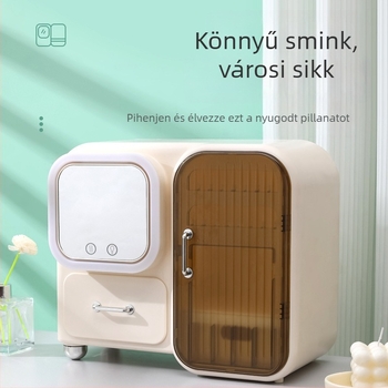 Új stílusú kozmetikai tároló asztalhoz ventilátorral — rúzs, bőrápolás és ékszerek tárolására, porálló tükör