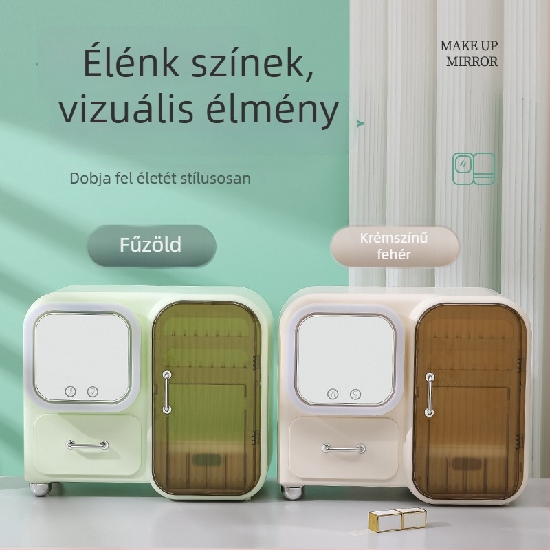 Új stílusú kozmetikai tároló asztalhoz ventilátorral — rúzs, bőrápolás és ékszerek tárolására, porálló tükör