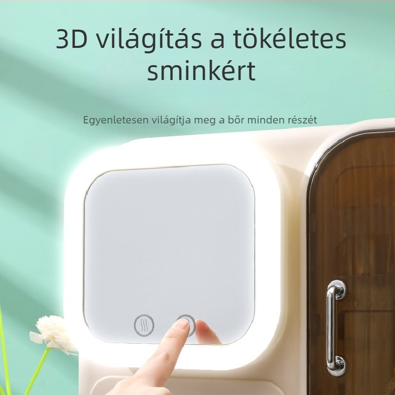 Új stílusú kozmetikai tároló asztalhoz ventilátorral — rúzs, bőrápolás és ékszerek tárolására, porálló tükör