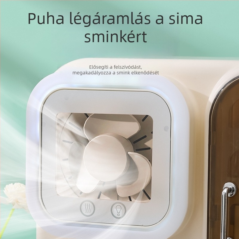 Új stílusú kozmetikai tároló asztalhoz ventilátorral — rúzs, bőrápolás és ékszerek tárolására, porálló tükör