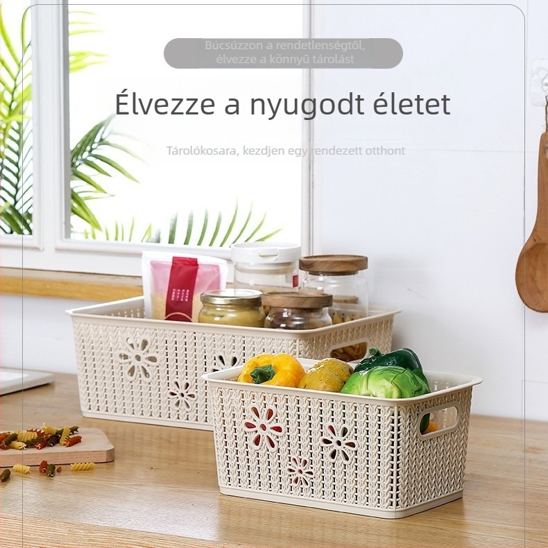 Műanyag fonott virágmintás tárolókosár üreges dizájnnal – nordic színben