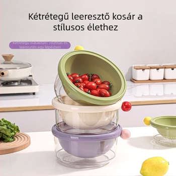 Kétszintes gyümölcsmosó és leeresztő kosár, háztartási gyümölcskosár, elegáns nappali kiegészítő