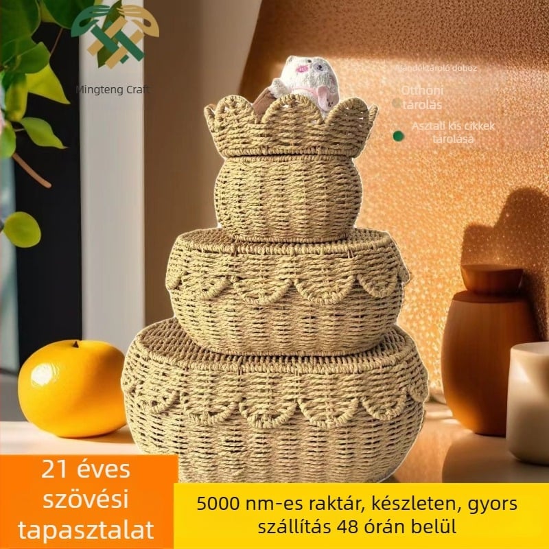 Íróasztalhoz való fedeles tárolókosár – kézzel készült, természetes szalmából és papírszálas fonatból, nagy, közepes és kicsi méretben