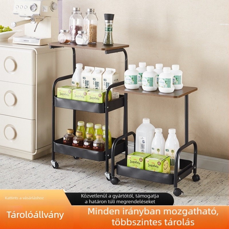 Mozgatható kétszintes dohányzóasztal-kocsi, görgős, asztallappal és tárolóval, ideális nappaliba