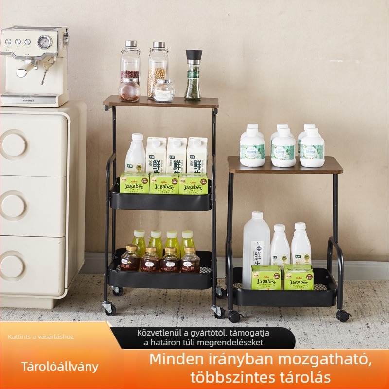 Mozgatható kétszintes dohányzóasztal-kocsi, görgős, asztallappal és tárolóval, ideális nappaliba