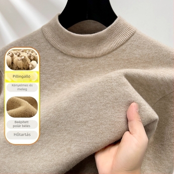 Férfi fél magas galléros pulóver fleece-béléssel, vast kötött, egyszínű