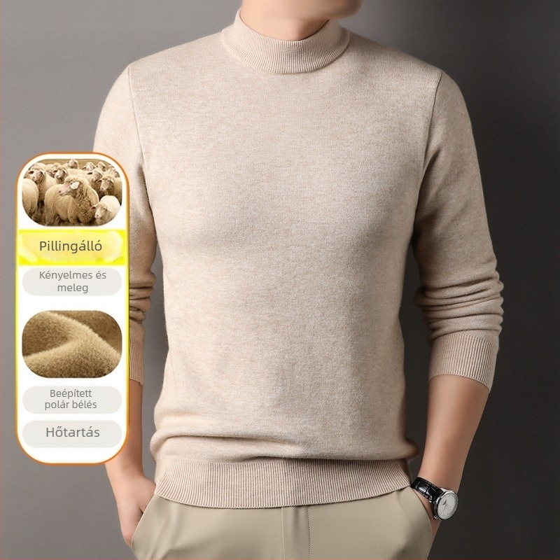 Férfi fél magas galléros pulóver fleece-béléssel, vast kötött, egyszínű