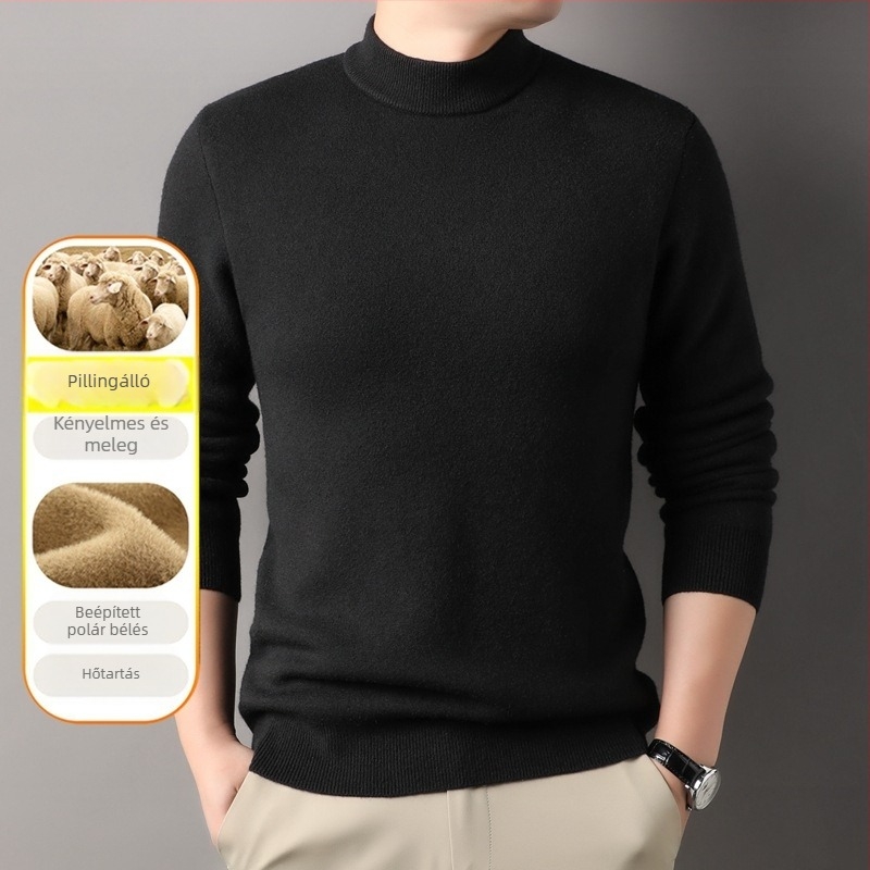 Férfi fél magas galléros pulóver fleece-béléssel, vast kötött, egyszínű
