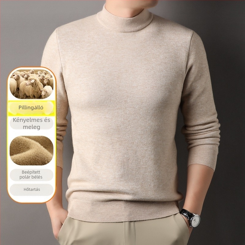 Férfi fél magas galléros pulóver fleece-béléssel, vast kötött, egyszínű