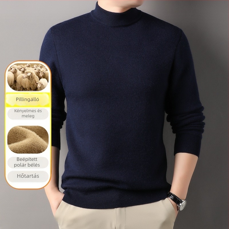Férfi fél magas galléros pulóver fleece-béléssel, vast kötött, egyszínű
