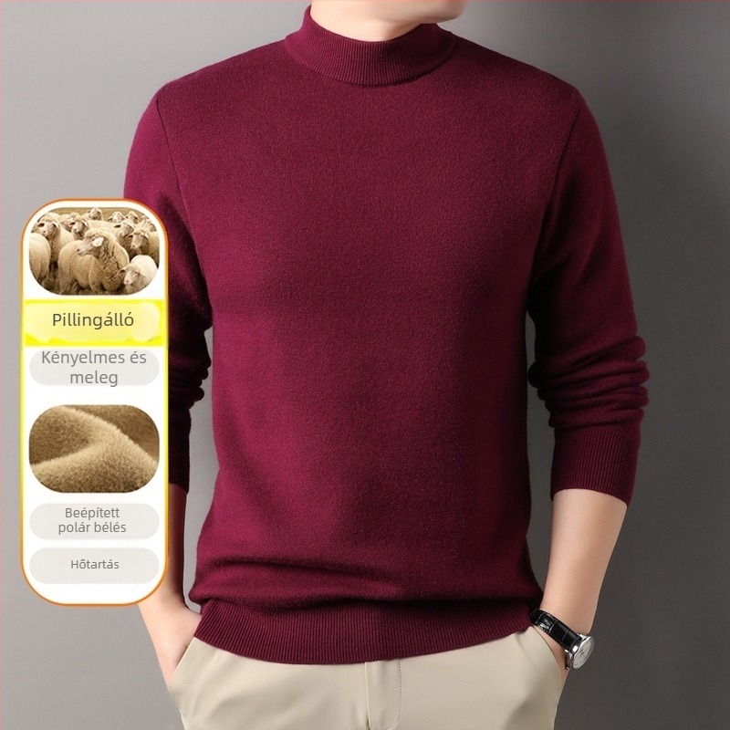 Férfi fél magas galléros pulóver fleece-béléssel, vast kötött, egyszínű