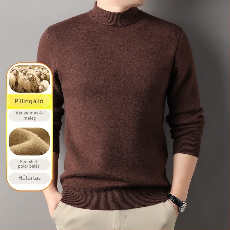 Férfi fél magas galléros pulóver fleece-béléssel, vast kötött, egyszínű