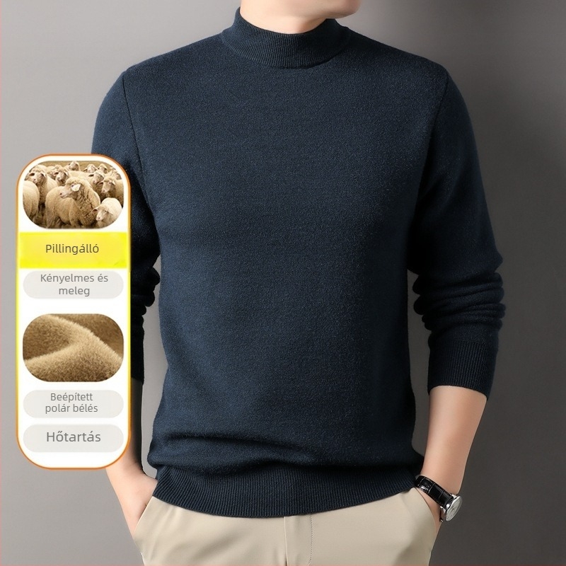 Férfi fél magas galléros pulóver fleece-béléssel, vast kötött, egyszínű