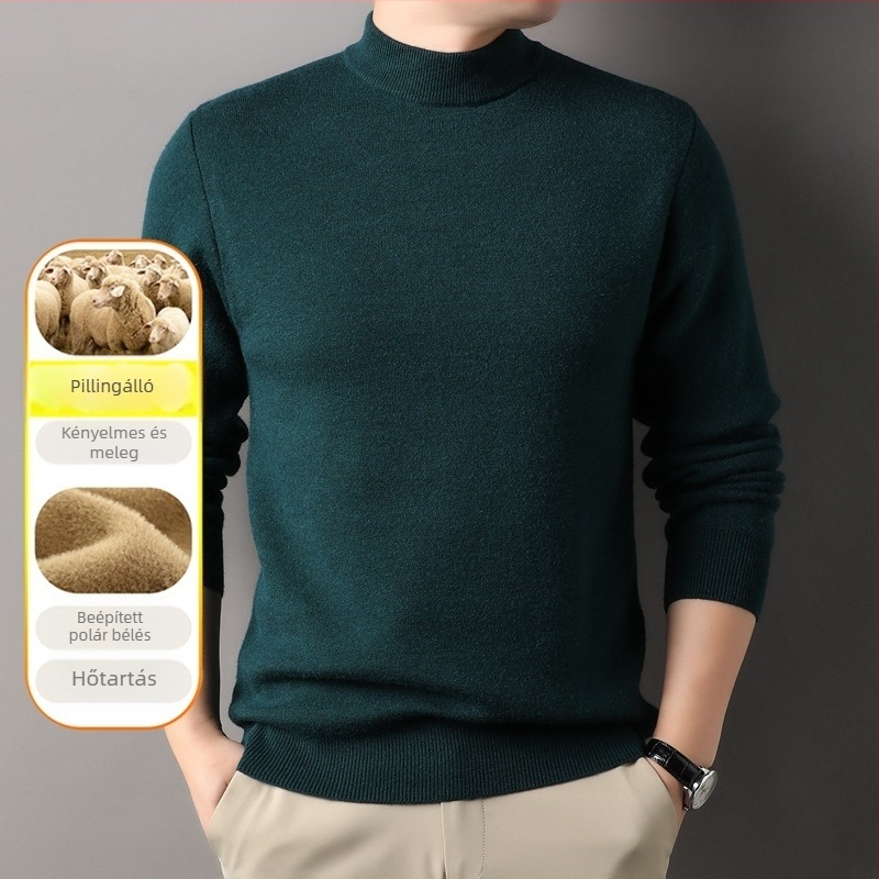 Férfi fél magas galléros pulóver fleece-béléssel, vast kötött, egyszínű