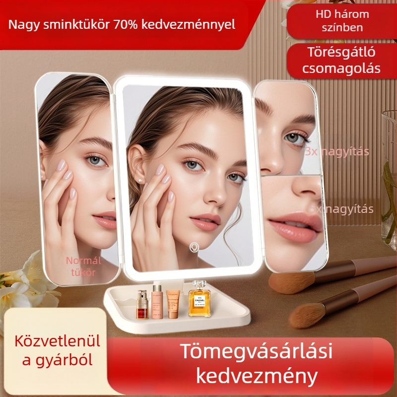 Összecsukható LED smink tükör teleszkópos forgatható asztali tartóval és újratölthető világítással