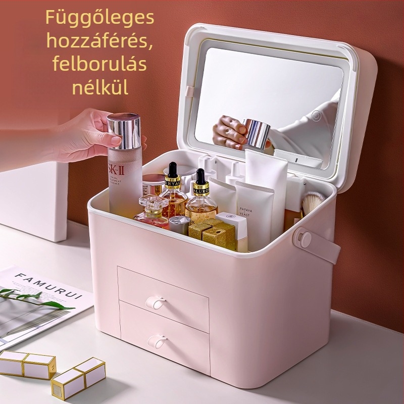 Asztali sminkorganizer beépített tükörrel és LED világítással, fiókos kialakítás