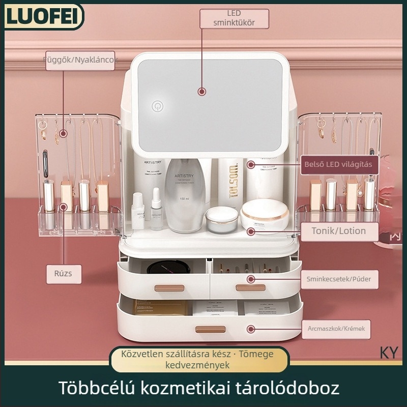 Beépített sminktároló asztal tükörrel, ABS műanyagból készült kozmetikai és ékszertároló