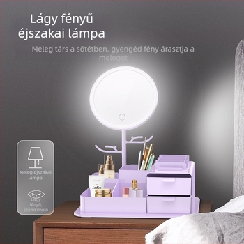 LED sminktükör világítással, fiókos kozmetikai tároló tükrössel, asztali használatra