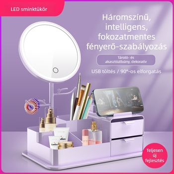 LED sminktükör világítással, fiókos kozmetikai tároló tükrössel, asztali használatra